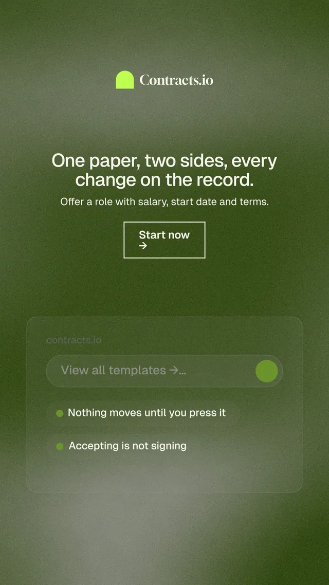 Instagram story for contracts.io: "One paper, two sides, every change on the record." Cyanotype style, centred layout, dark palette in green, grey.