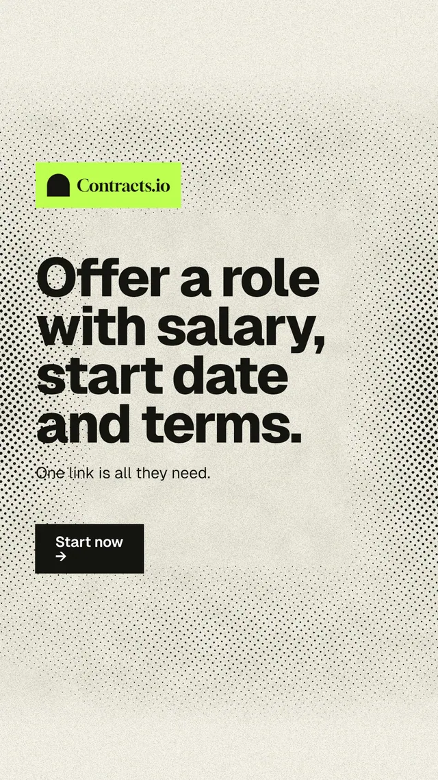 Instagram story for contracts.io: "Offer a role with salary, start date and terms." Ink sticker style, announce layout, light palette in white, yellow, grey.