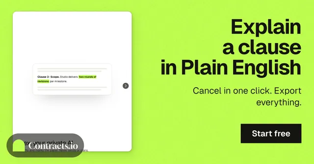 Social ad for contracts.io: "Explain a clause in Plain English". Swiss style, right layout, light palette in green, white.