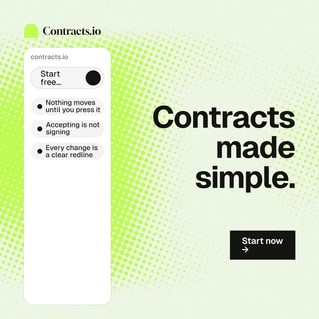 Instagram post for contracts.io: "Contracts made simple." Swiss style, right layout, light palette in white, green, grey.