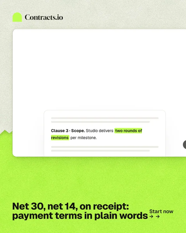 Instagram portrait post for contracts.io: "Net 30, net 14, on receipt: payment terms in plain words". Paper trio style, image led layout, light palette in white, green.