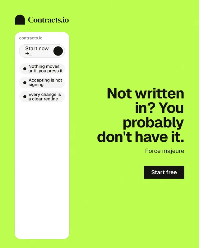 Instagram portrait post for contracts.io: "Not written in? You probably don't have it." Swiss style, right layout, light palette in green, white.