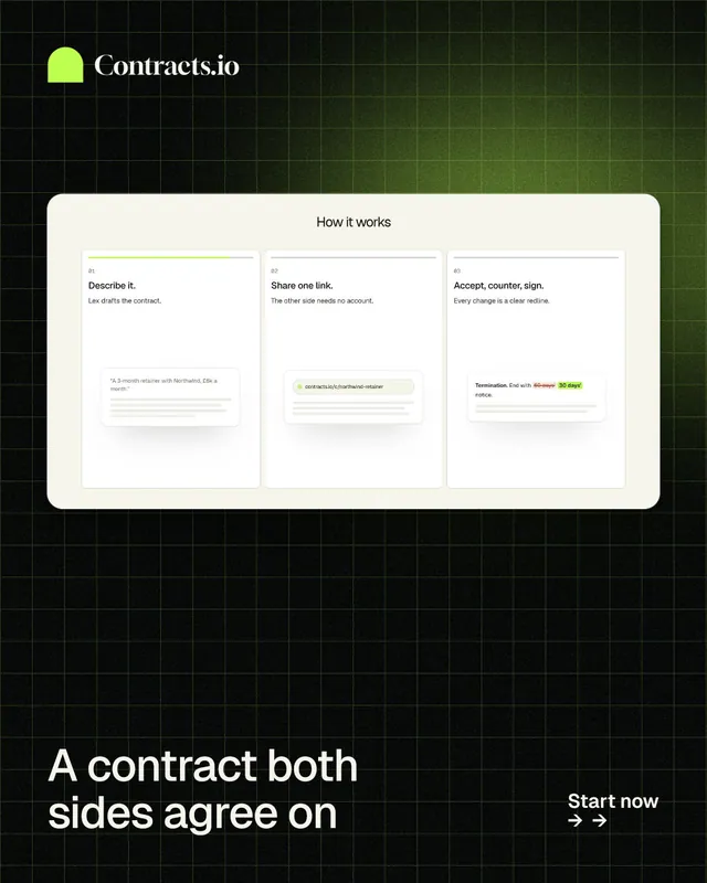Instagram portrait post for contracts.io: "A contract both sides agree on". Phosphor atlas style, image led layout, dark palette in white, black, grey.