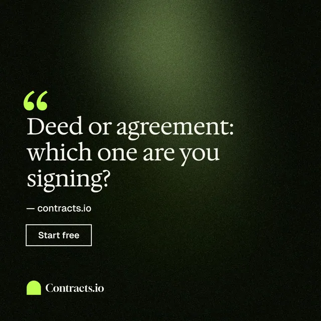 Instagram post for contracts.io: "Deed or agreement: which one are you signing?" Dark deco style, quote layout, dark palette in black, green.