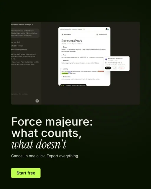 Video for contracts.io: "Force majeure: what counts, what doesn't". Doc motion loop, 7.0 s, dark palette.