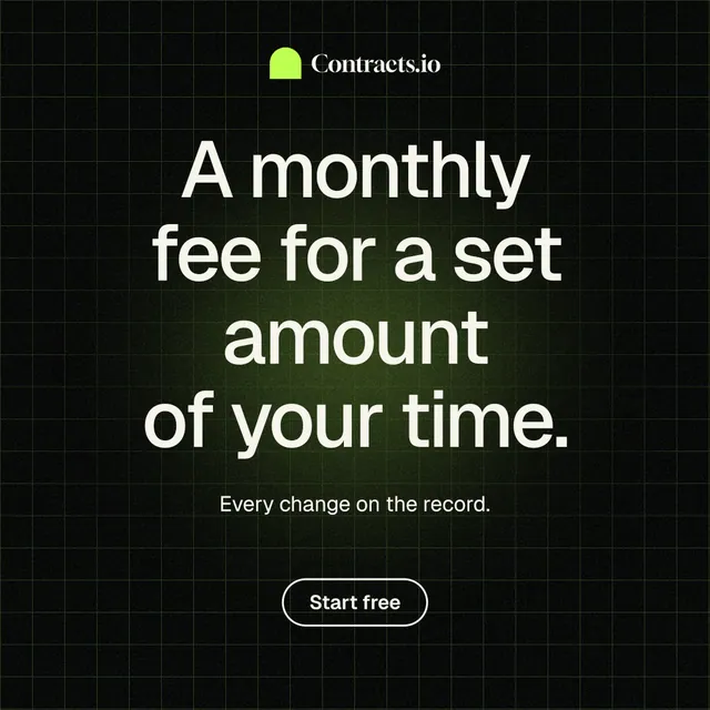 Instagram post for contracts.io: "A monthly fee for a set amount of your time." Phosphor atlas style, centred layout, dark palette in black, grey.