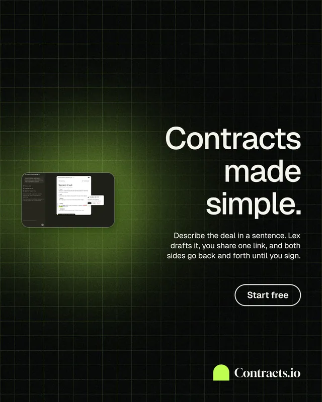 Instagram portrait post for contracts.io: "Contracts made simple." Phosphor atlas style, right layout, dark palette in black, green.
