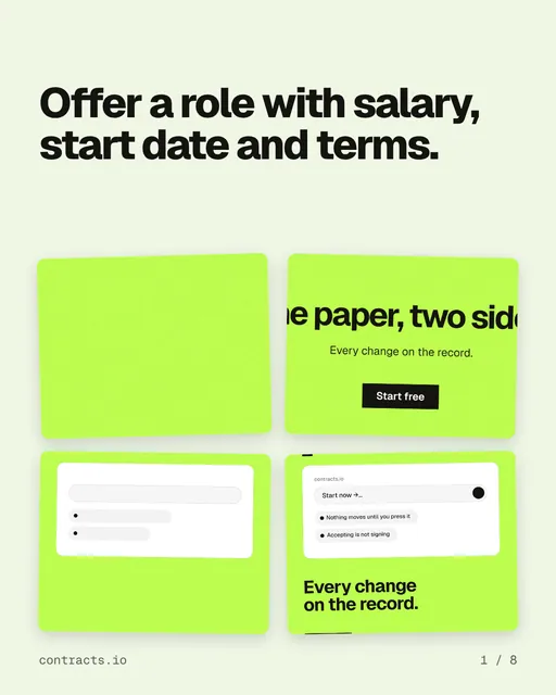Carousel for contracts.io: "Offer a role with salary, start date and terms.". Collection carousel, 8 slides, light palette.