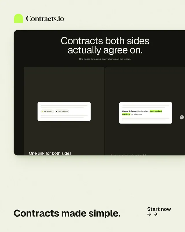 Instagram portrait post for contracts.io: "Contracts made simple." Swiss style, image led layout, light palette in white, black, green.