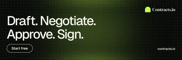 X header for contracts.io: "Draft. Negotiate. Approve. Sign." Phosphor atlas style, poster layout, dark palette in black, green, grey.