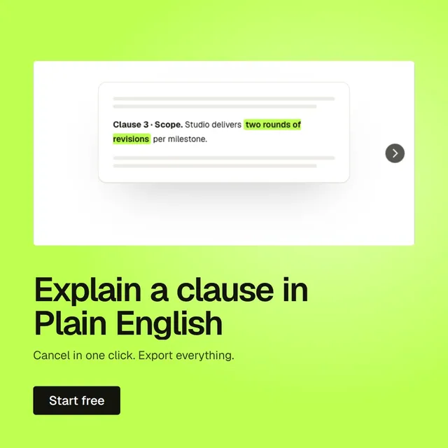 Video for contracts.io: "Explain a clause in Plain English". Doc motion loop, 8.0 s, light palette.