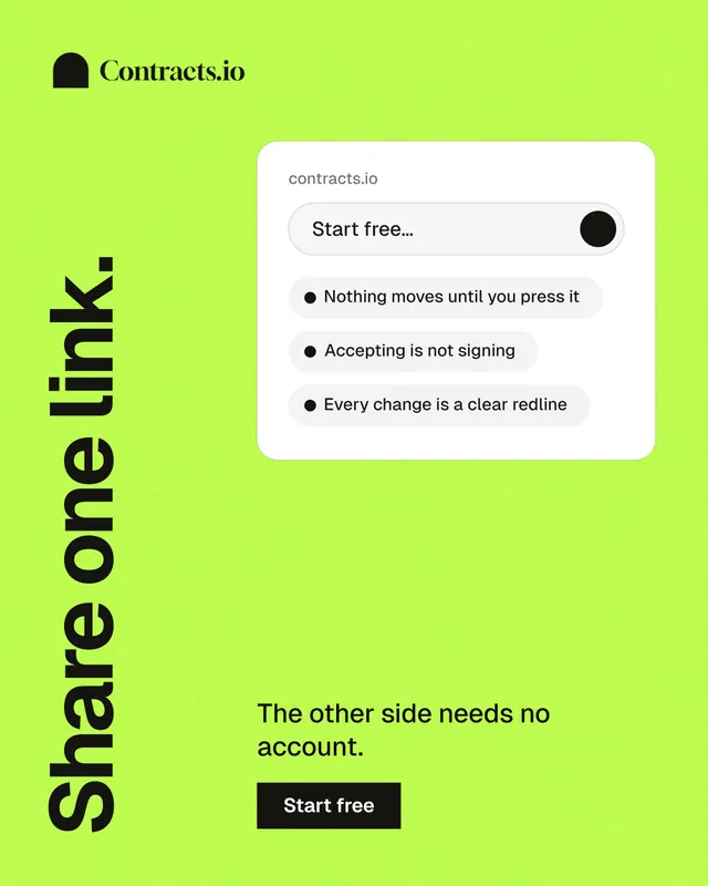 Instagram portrait post for contracts.io: "Share one link." Swiss style, vertical layout, light palette in green.