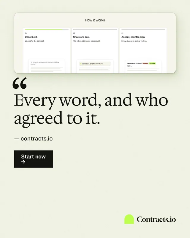Instagram portrait post for contracts.io: "Every word, and who agreed to it." Swiss style, quote layout, light palette in white.