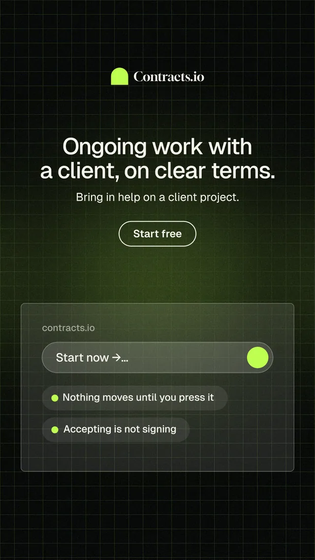 Instagram story for contracts.io: "Ongoing work with a client, on clear terms." Phosphor atlas style, centred layout, dark palette in green, black, grey.