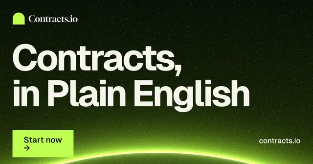 Social ad for contracts.io: "Contracts, in Plain English". Swiss style, poster layout, dark palette in green, black.