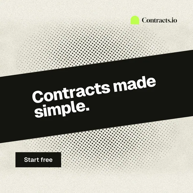 Instagram post for contracts.io: "Contracts made simple." Ink sticker style, diagonal layout, light palette in white, yellow, black.