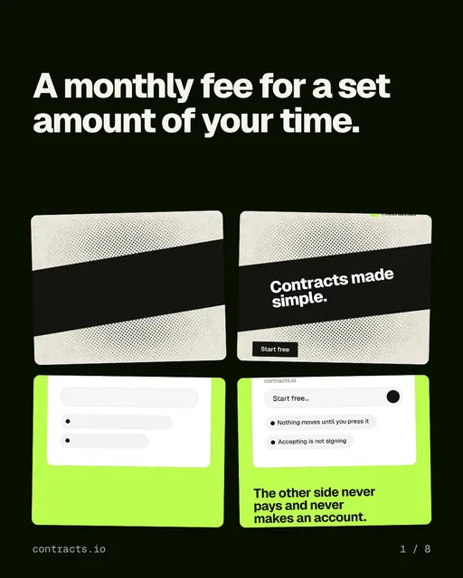 Carousel for contracts.io: "A monthly fee for a set amount of your time.". Collection carousel, 8 slides, dark palette.
