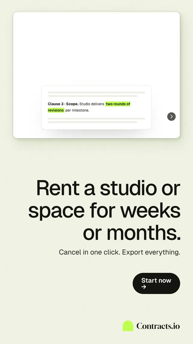 Instagram story for contracts.io: "Rent a studio or space for weeks or months." Data card style, right layout, light palette in yellow, white, green.