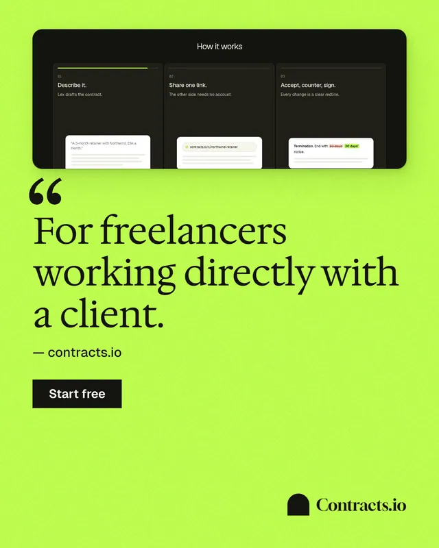 Instagram portrait post for contracts.io: "For freelancers working directly with a client." Swiss style, quote layout, light palette in green.