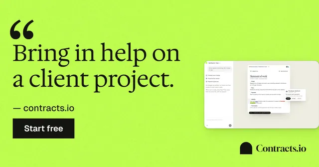 Social ad for contracts.io: "Bring in help on a client project." Swiss style, quote layout, light palette in green.