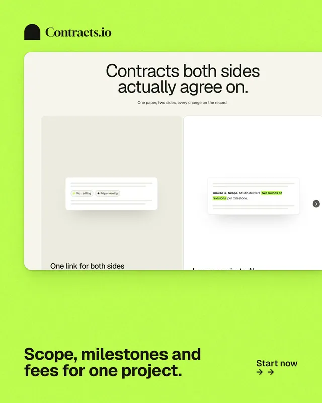 Instagram portrait post for contracts.io: "Scope, milestones and fees for one project." Swiss style, image led layout, light palette in white, green.