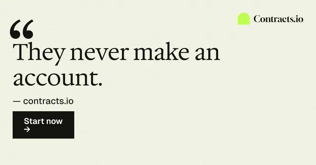 Social ad for contracts.io: "They never make an account." Swiss style, quote layout, light palette in white, yellow, grey.