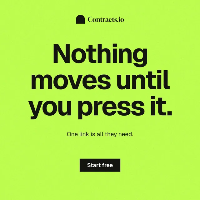 Instagram post for contracts.io: "Nothing moves until you press it." Swiss style, centred layout, light palette in green.