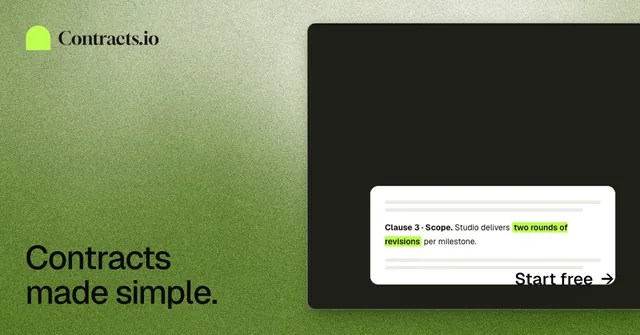 Social ad for contracts.io: "Contracts made simple." Cyanotype style, image led layout, light palette in black, green.
