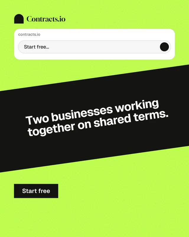 Instagram portrait post for contracts.io: "Two businesses working together on shared terms." Swiss style, diagonal layout, light palette in green, black, grey.