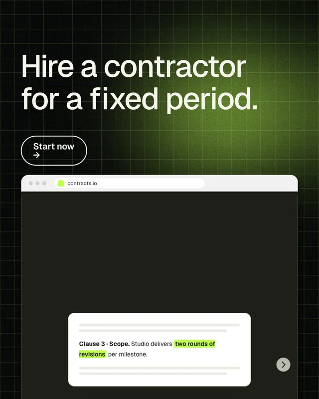 Instagram portrait post for contracts.io: "Hire a contractor for a fixed period." Phosphor atlas style, browser layout, dark palette in black, white, green.