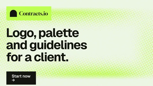 Landscape graphic for contracts.io: "Logo, palette and guidelines for a client." Swiss style, announce layout, light palette in white, green, grey.