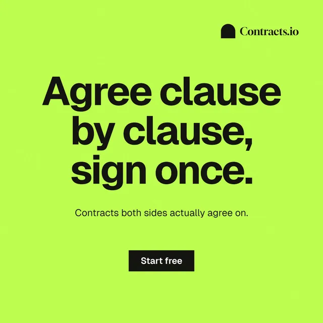 Instagram post for contracts.io: "Agree clause by clause, sign once." Swiss style, centred layout, light palette in green.