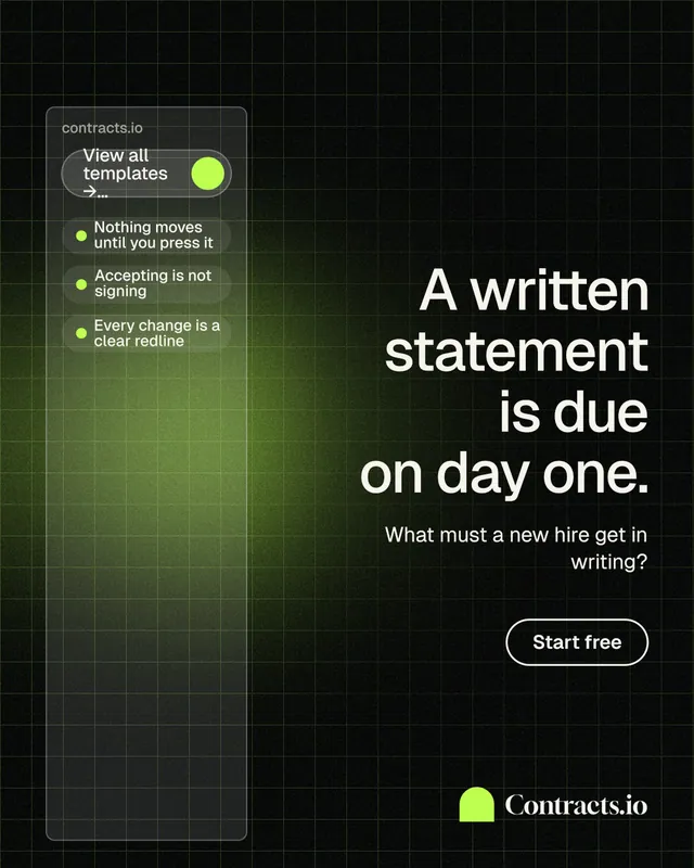 Instagram portrait post for contracts.io: "A written statement is due on day one." Phosphor atlas style, right layout, dark palette in black, green.