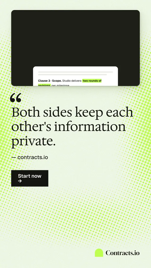 Instagram story for contracts.io: "Both sides keep each other's information private." Swiss style, quote layout, light palette in white, black, green.