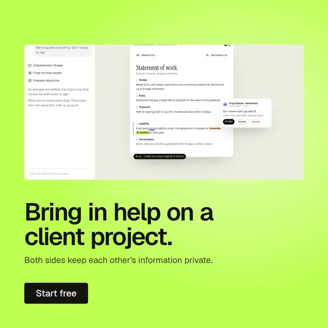 Video for contracts.io: "Bring in help on a client project.". Doc motion loop, 6.0 s, light palette.