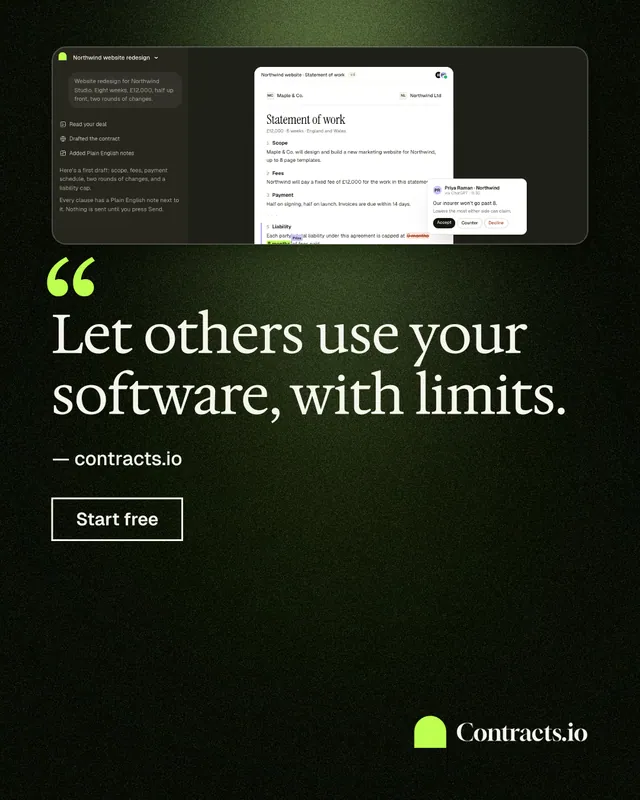 Instagram portrait post for contracts.io: "Let others use your software, with limits." Dark deco style, quote layout, dark palette in black, grey.