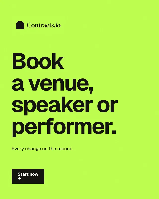 Instagram portrait post for contracts.io: "Book a venue, speaker or performer." Swiss style, announce layout, light palette in green.