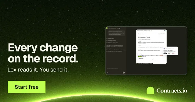 Social ad for contracts.io: "Every change on the record." Swiss style, bottom layout, dark palette in green, black.