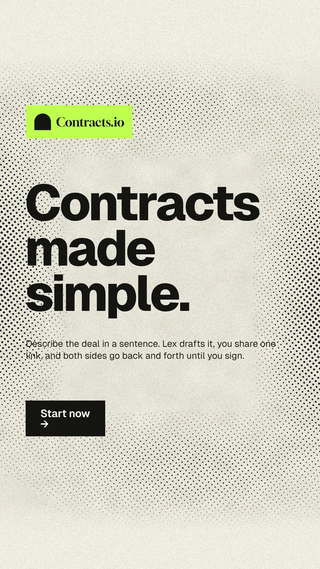 Instagram story for contracts.io: "Contracts made simple." Ink sticker style, announce layout, light palette in white, yellow, grey.