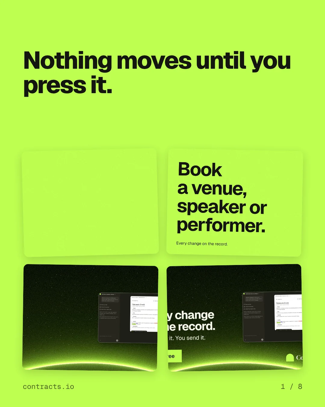 Carousel for contracts.io: "Nothing moves until you press it.". Collection carousel, 8 slides, light palette.