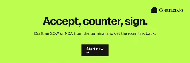 X header for contracts.io: "Accept, counter, sign." Swiss style, centred layout, light palette in green.