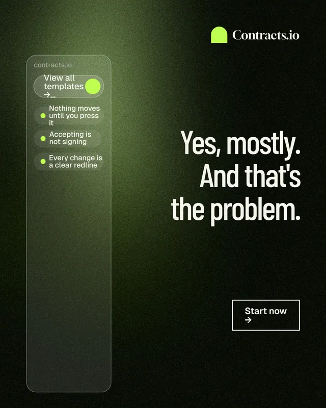 Instagram portrait post for contracts.io: "Yes, mostly. And that's the problem." Dark deco style, right layout, dark palette in green, black, grey.