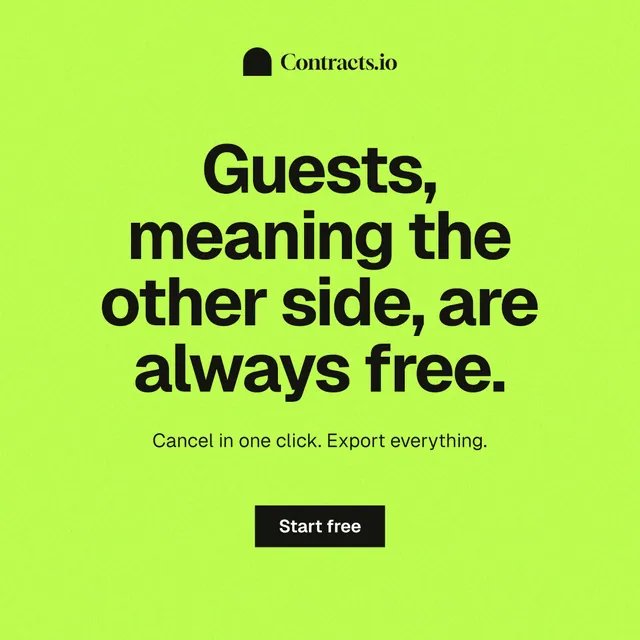 Instagram post for contracts.io: "Guests, meaning the other side, are always free." Swiss style, centred layout, light palette in green.