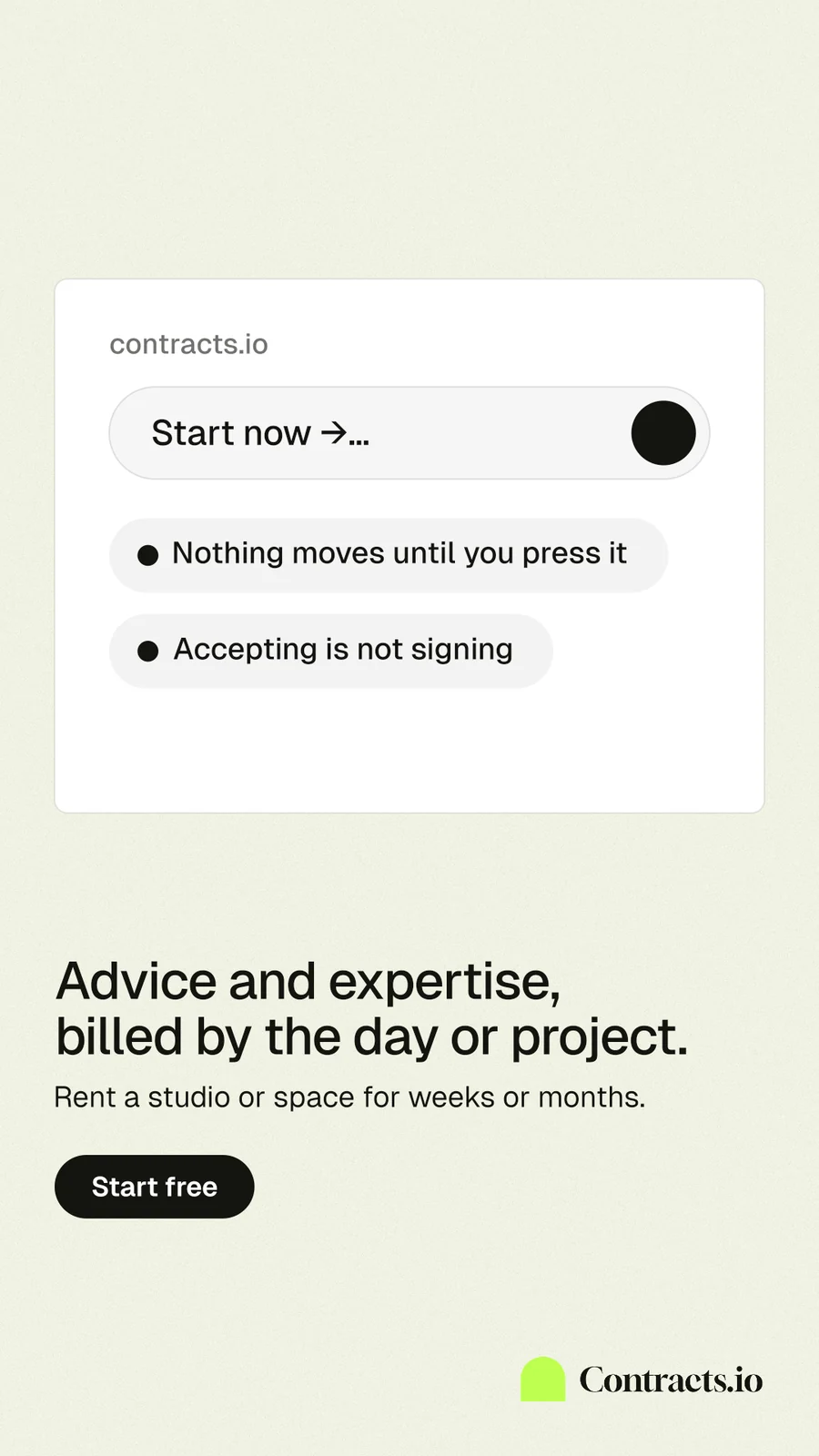 Instagram story for contracts.io: "Advice and expertise, billed by the day or project." Data card style, bottom layout, light palette in white.