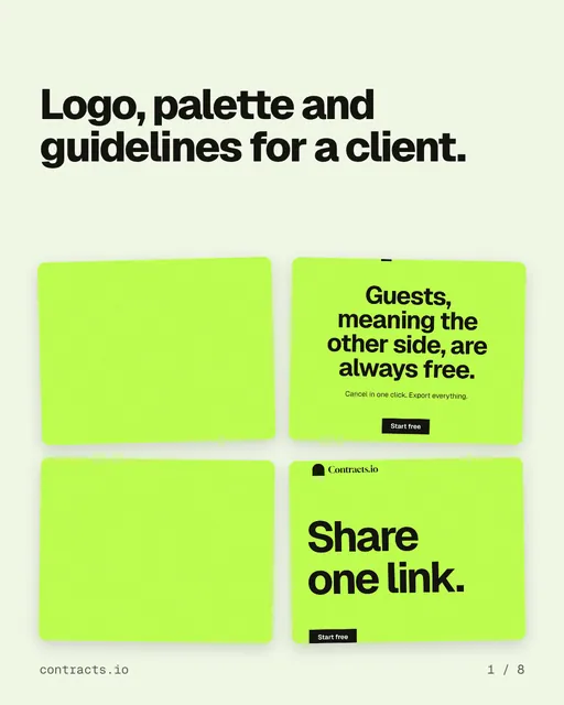 Carousel for contracts.io: "Logo, palette and guidelines for a client.". Collection carousel, 8 slides, light palette.