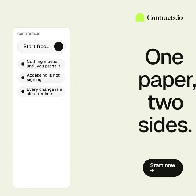 Instagram post for contracts.io: "One paper, two sides." Data card style, right layout, light palette in white, grey.
