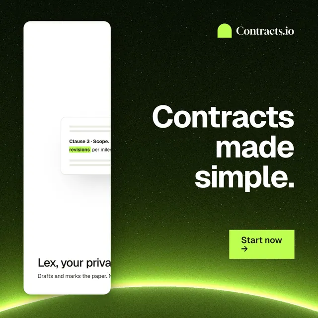 Instagram post for contracts.io: "Contracts made simple." Swiss style, right layout, dark palette in black, white, green.