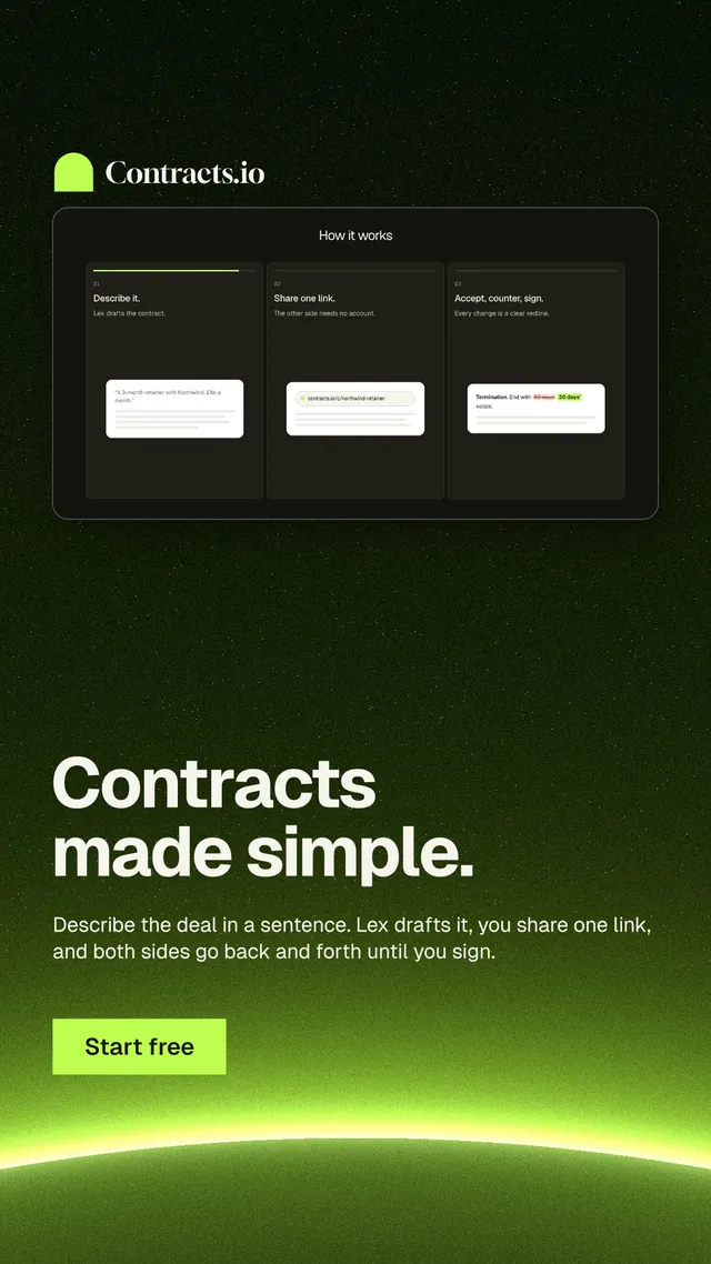 Instagram story for contracts.io: "Contracts made simple." Swiss style, bottom layout, dark palette in black, green.