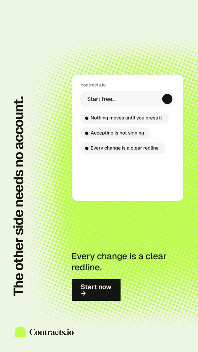 Instagram story for contracts.io: "The other side needs no account." Swiss style, vertical layout, light palette in green, white.