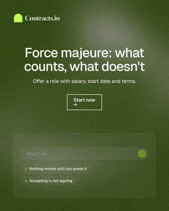 Instagram portrait post for contracts.io: "Force majeure: what counts, what doesn't". Cyanotype style, centred layout, dark palette in green, grey.